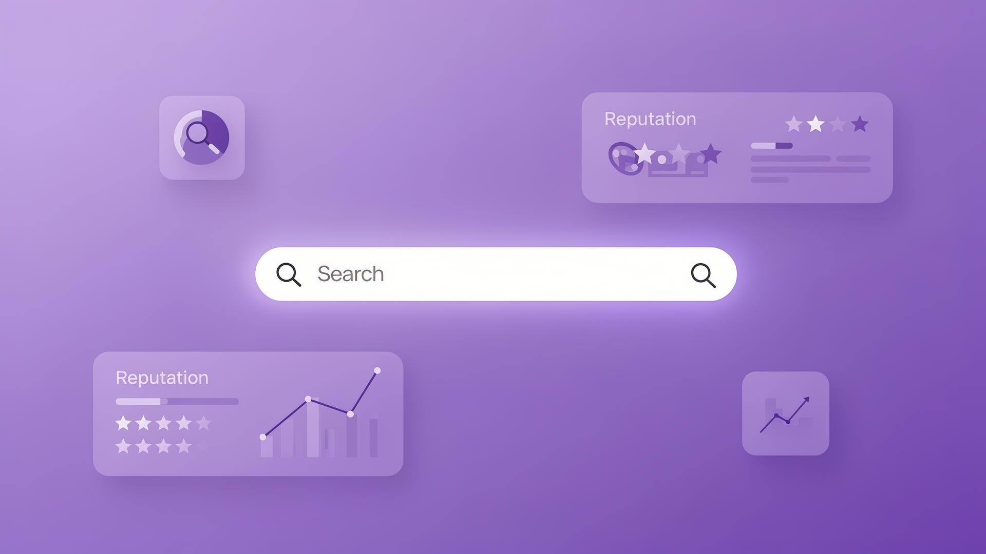 Search bar displaying a person's name with a reputation analysis dashboard